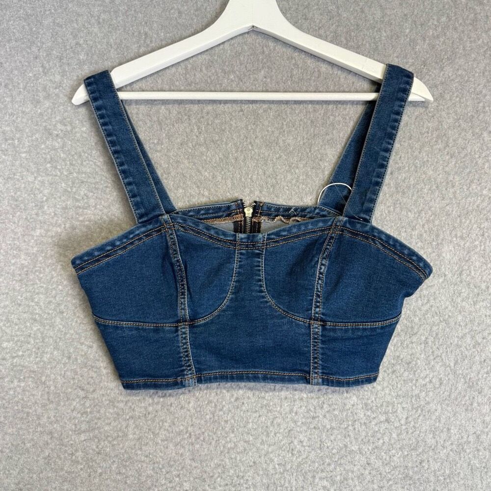 Brand New Love Trends Women's Size XS Blue Denim Zip Up Cropped Top Shirt